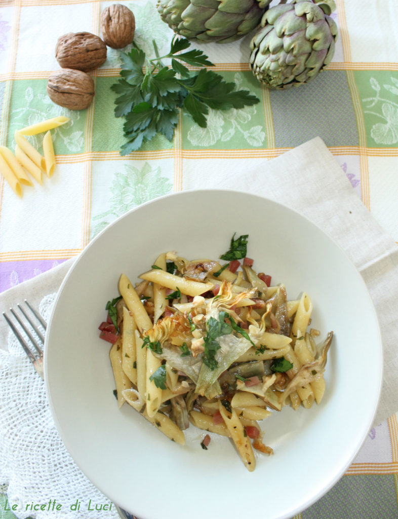 penne carciofi, speck e noci