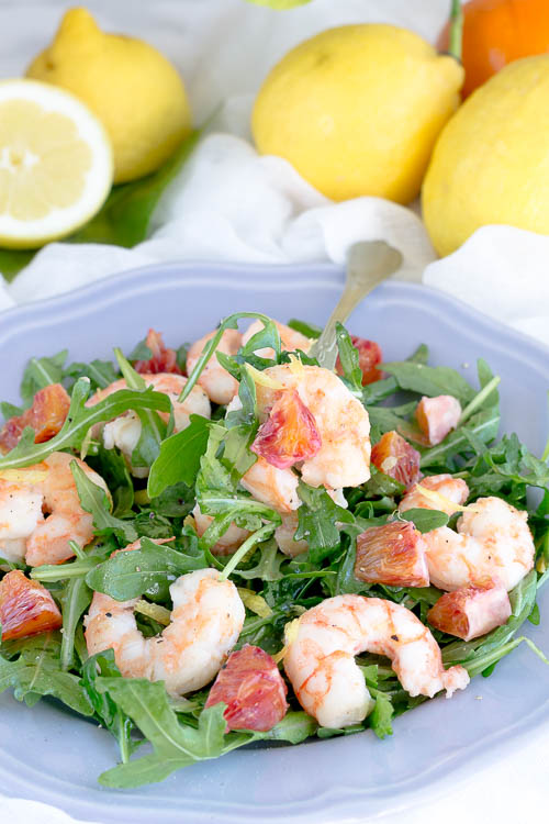 Insalata di gamberi, rucola, arancia e limone