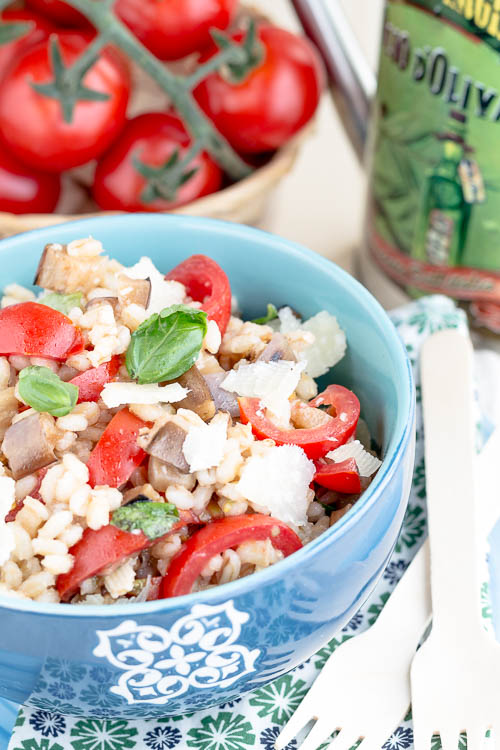 Orzo perlato fresco con melanzane, pomodorini e scaglie